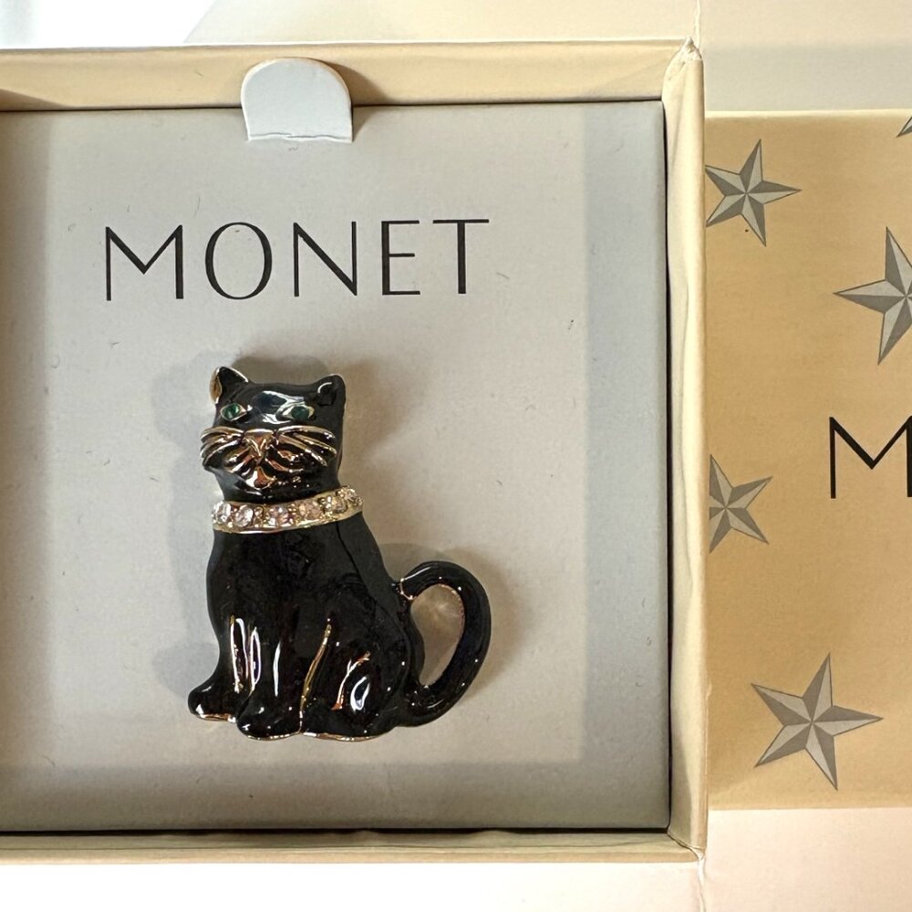 Rare Vintage Monet Elegant Black & Gold Cat Accent Brooch Pin New in Box